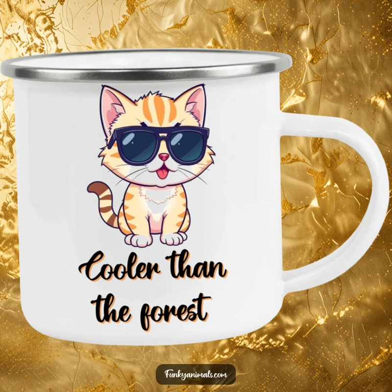 Funny camping mug showcasing a cool cat cub wearing sunglasses, ready for adventure with a funky vibe.