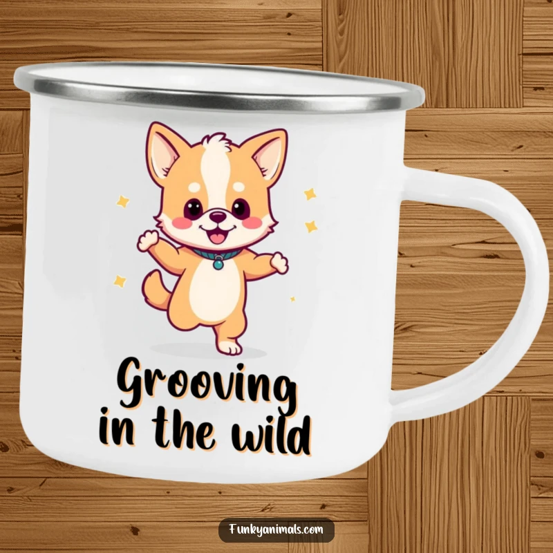 Funny camping mug with a dog cub dancing with a boombox, perfect for outdoor music lovers.