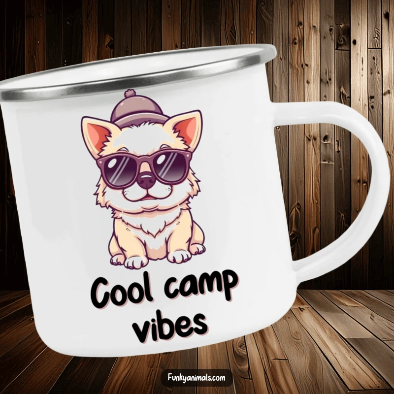 Funny dog camping mug featuring a quirky dog wearing sunglasses and a tiny hat, perfect for sipping drinks outdoors.
