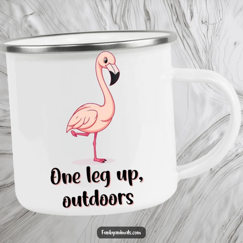 Funny flamingo striking a comical one-legged pose, perfect for holding beverages during humorous outdoor adventures.
