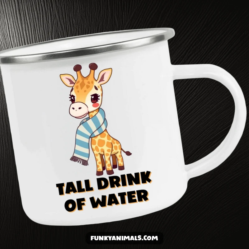 Funny giraffe camping mug featuring a giraffe with a ridiculously long, striped scarf, perfect for enjoying drinks outdoors.