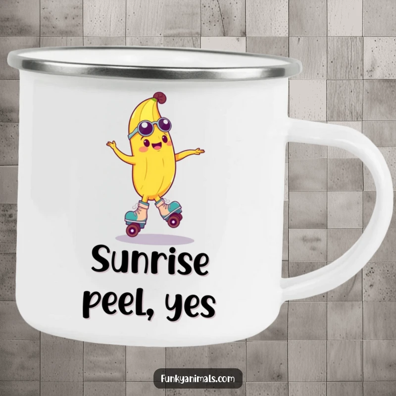 Funny camping mug showing a groovy banana doing a roller skate spin, perfect for outdoor enjoyment with a humorous and durable design.