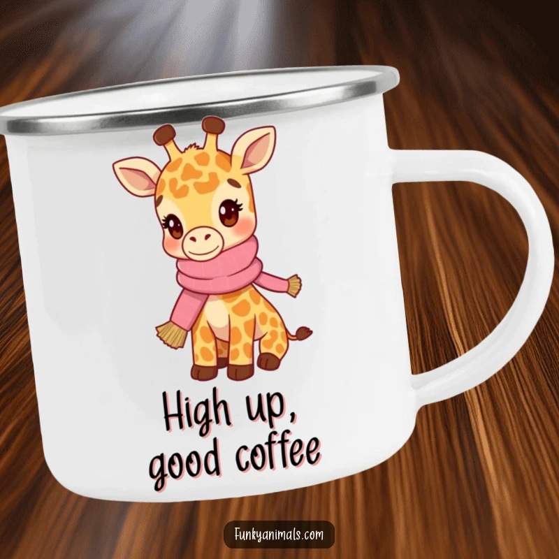 Funny camping mug showcasing a hip giraffe cub wearing a knitted scarf, perfect for outdoor adventures.