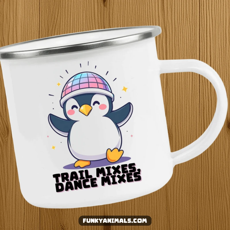 Funny penguin with a disco ball helmet, spinning wildly, ready for outdoor fun on this durable camping mug.
