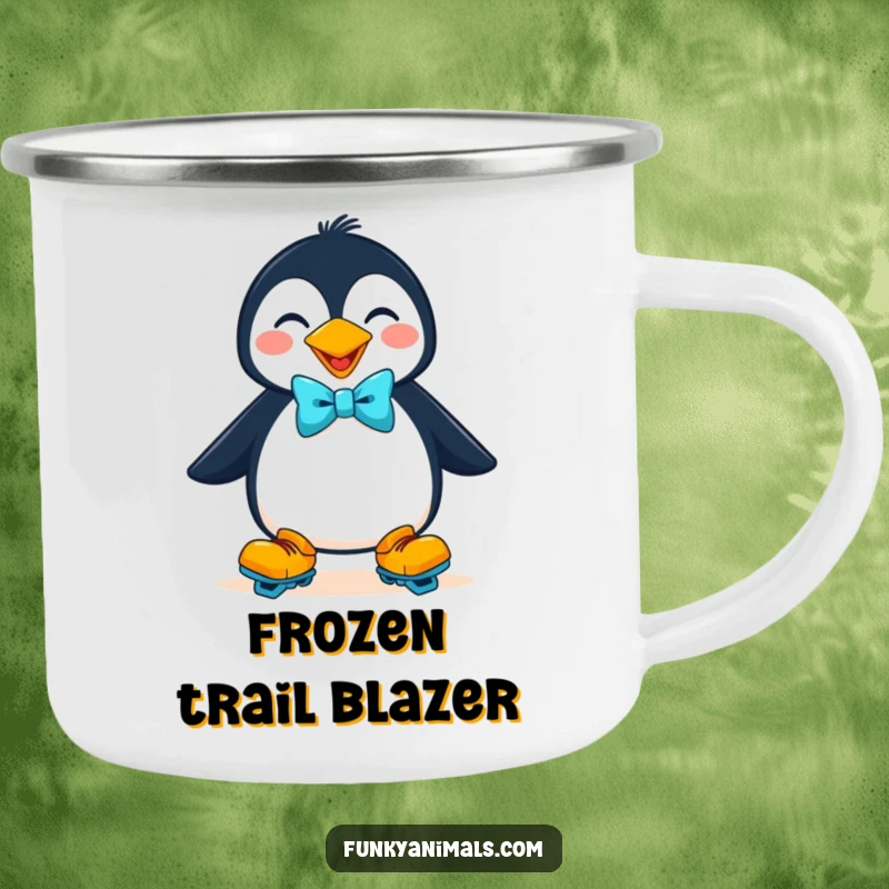 Funny goofy penguin wearing roller skates and a bow tie on this rugged camping mug, ideal for outdoor fun.