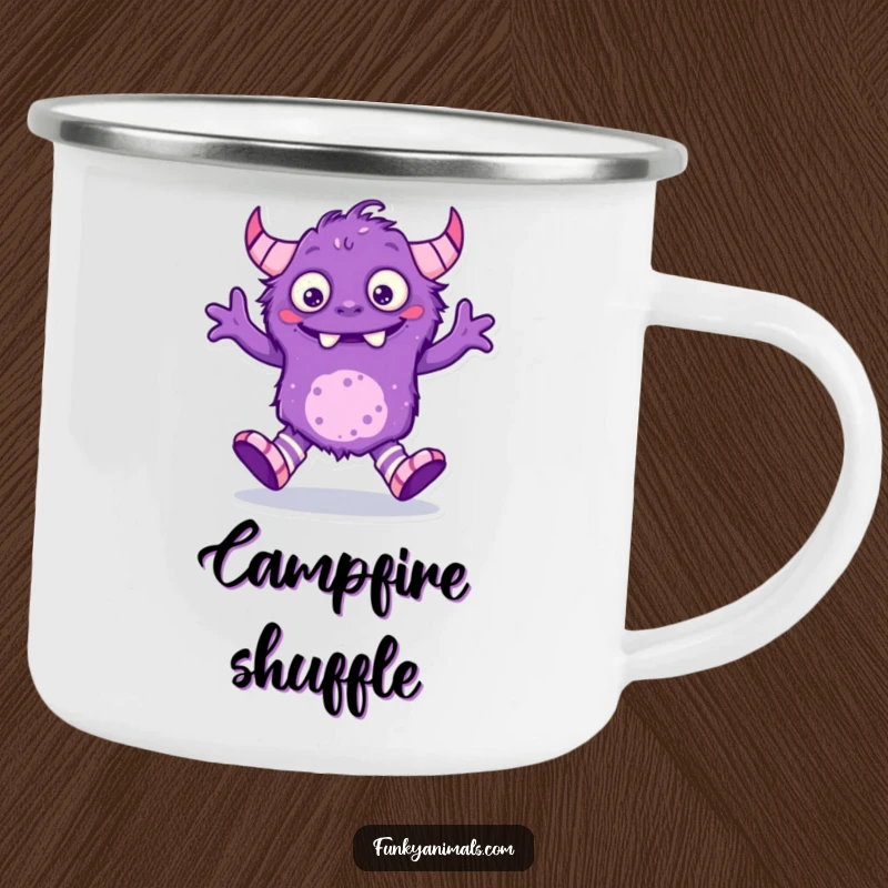 Funny purple monster camping mug, creature with mismatched socks doing a silly dance, durable and humorous.