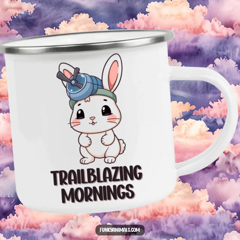 Funny Rabbit Camping Mug featuring a rabbit with a propeller beanie, ready for any outdoor adventure.