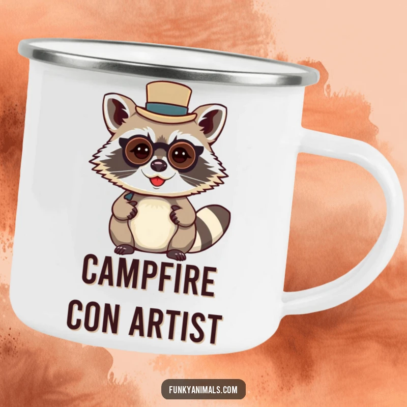 Funny raccoon gentleman camping mug, showing a mischievous raccoon wearing a tiny top hat and monocle, for outdoor use.