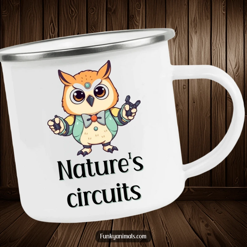 Funny Robot Owl Cub Camping Mug: A stylish owl cub in a bowtie, doing the robot dance, ready for campfire adventures with mechanical humor.