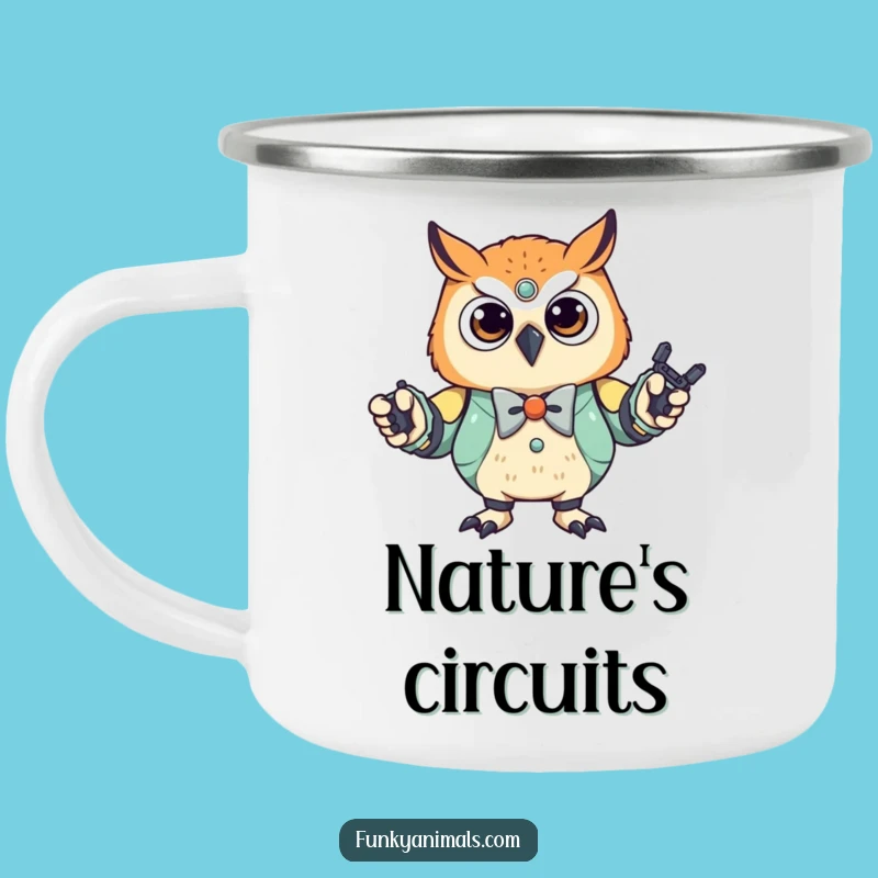 Funny Robot Owl Cub Camping Mug - Stylish Bowtie Dancer, Outdoor Humor Gift