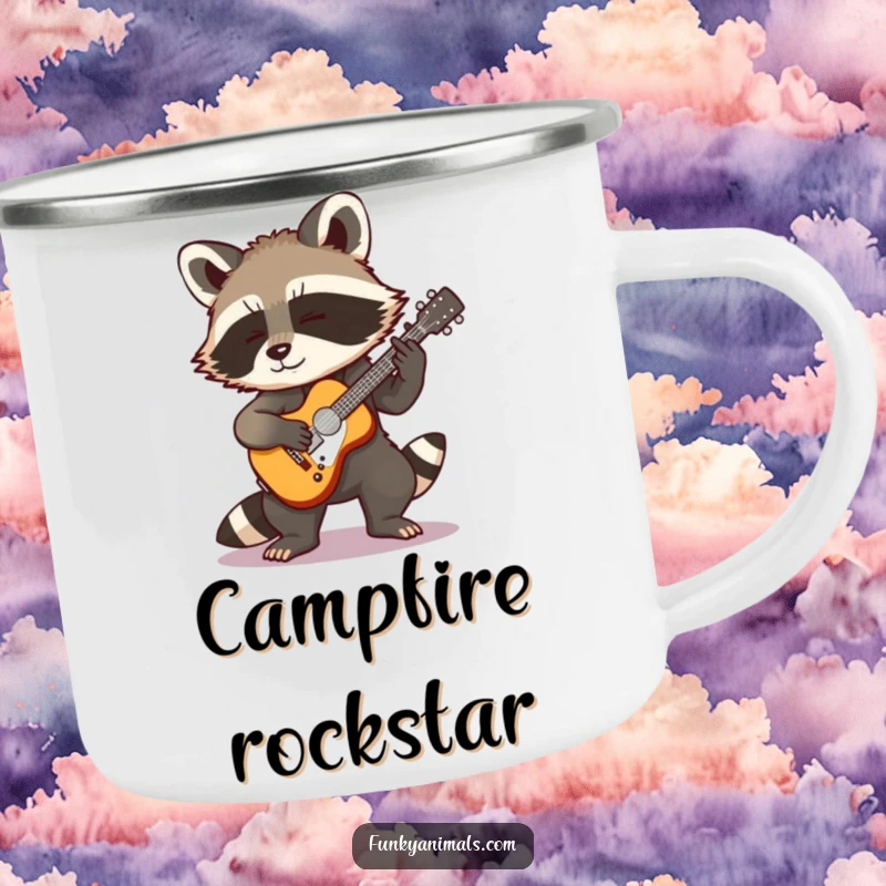 Funny Rocking Raccoon Camping Mug: A cool raccoon cub strumming a tiny guitar, ready for campfire songs and outdoor fun with rockstar humor.