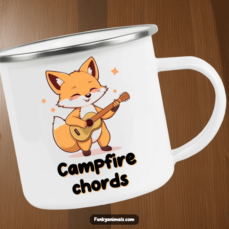 Funny Soulful Fox Camping Mug: A fox is depicted playing a guitar, ideal for enjoying music around the campfire.