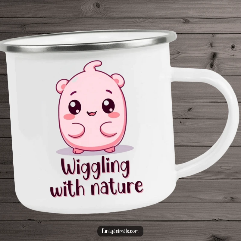 Funny camping mug showcasing a pink, squishy creature with googly eyes wiggling its body, perfect for enjoying drinks during outdoor fun.