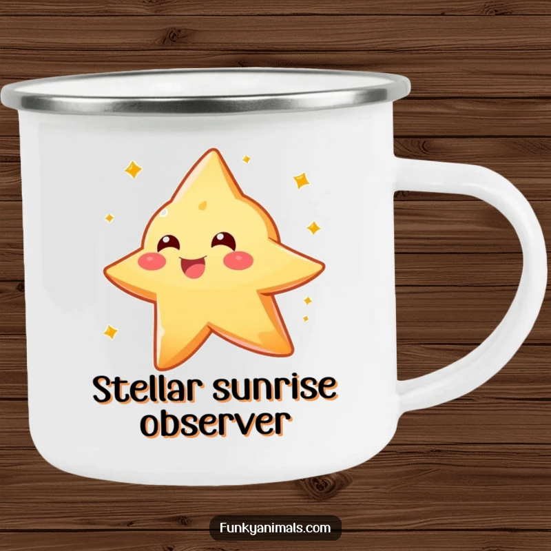 Funny sparkly orange star creature camping mug, captured spinning with delight, perfect for humorous outdoor adventures.