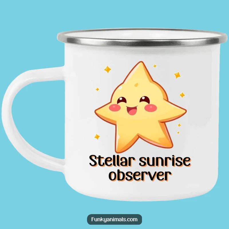 Funny Star Creature Camping Mug: Sparkly Orange Spin, Outdoor Celestial Humor