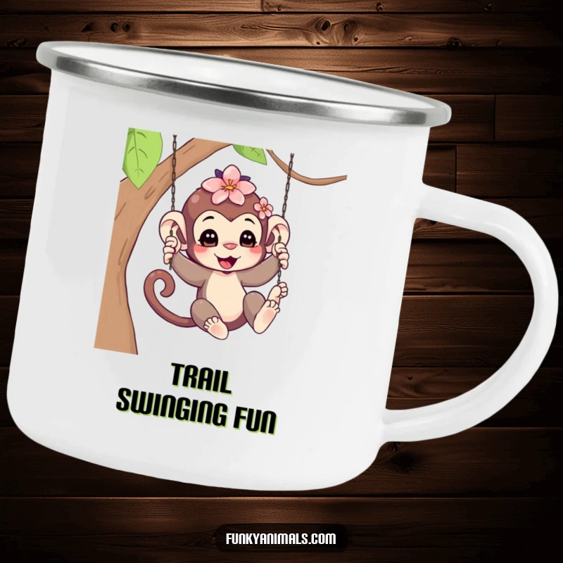 Funny Swinging Monkey Cub Camping Mug: A cheerful monkey cub swinging with a flower, ready for outdoor fun and campfire tales with a humorous twist.