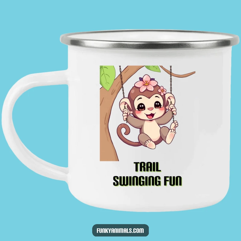 Funny Swinging Monkey Cub Camping Mug - Flower Hair Adventure, Outdoor Humor Gift