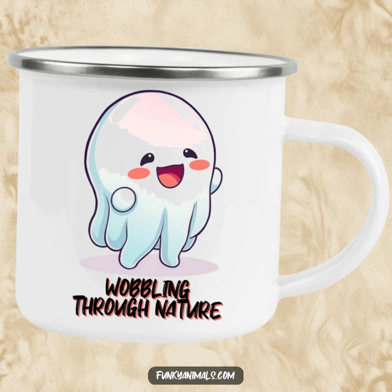 Funny camping mug showing a wobbly, gelatinous creature doing a rhythmic wobble, perfect for outdoor laughs and warm drinks.
