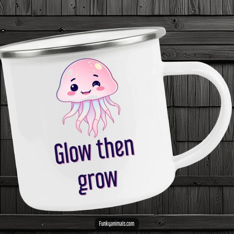 Funny sparkling jellyfish camping mug featuring a goofy, lopsided grin, durable and ready for any outdoor excursion, bringing smiles.