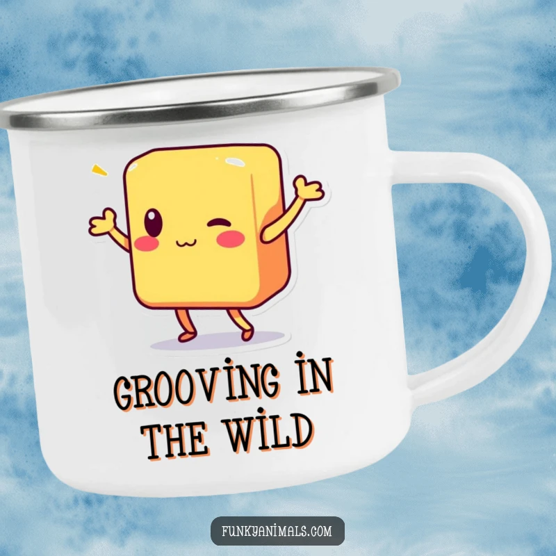 Funny camping mug with a colorful square block character doing a lively shimmy, ready for outdoor adventures.