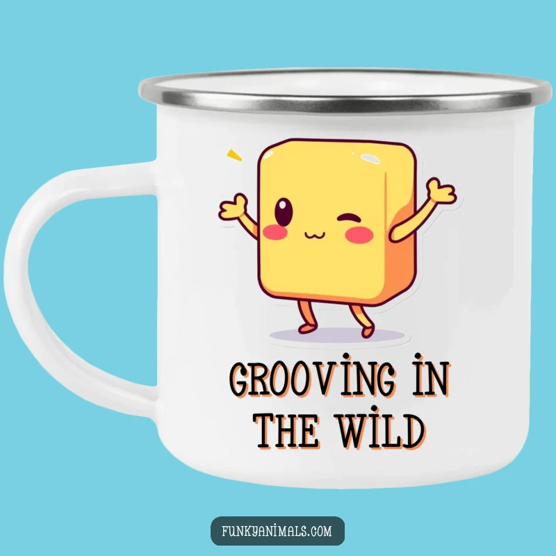Funny Shimmy Block Character Camping Mug: Adventure and Dance Vibes