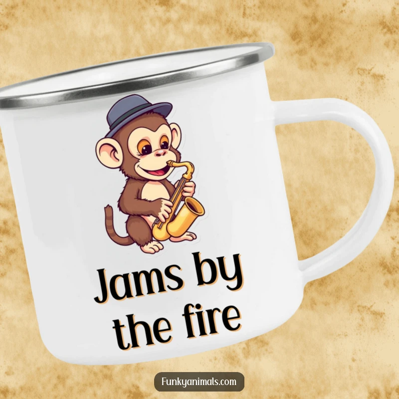 Funny monkey camping mug featuring a funky ape in a fedora playing a miniature saxophone, perfect for rugged, jazzy fun.