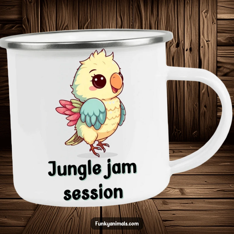 Funny camping mug with a groovy parrot cub dancing, perfect for enjoying drinks outdoors with a dose of tropical fun.