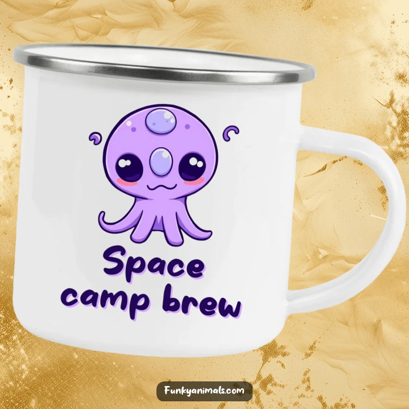 Funny camping mug featuring a purple alien with three eyes wiggling its tentacles, perfect for enjoying drinks under the stars.
