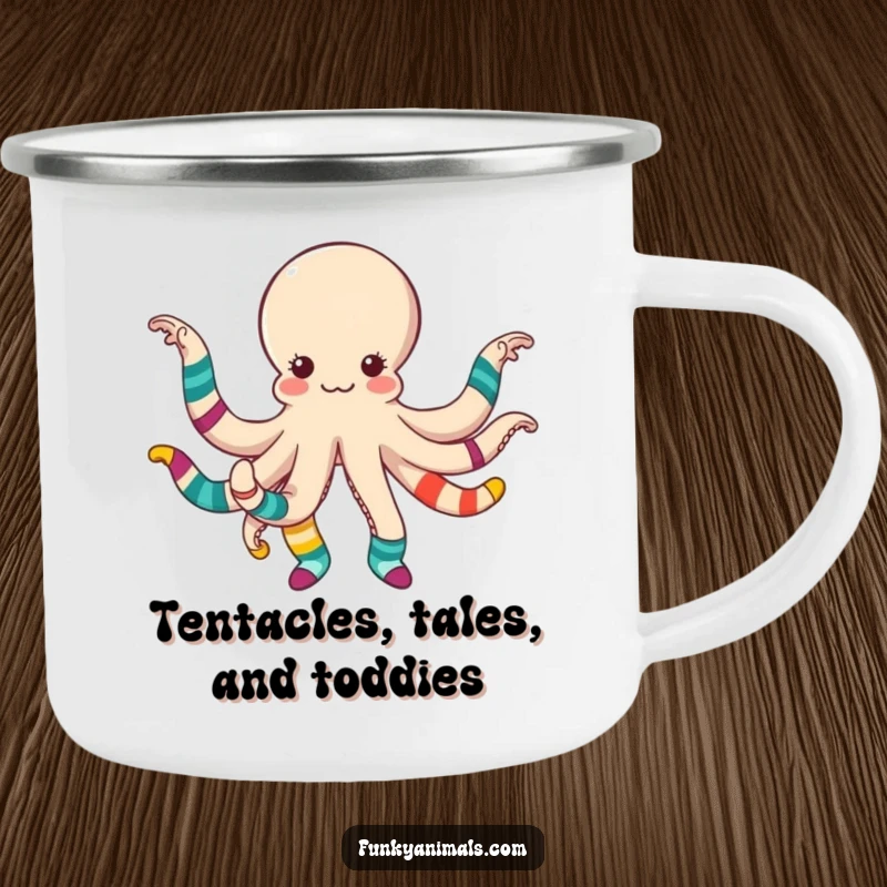 Funny octopus dancing with colorful mismatched socks, perfect for holding beverages during humorous outdoor adventures.