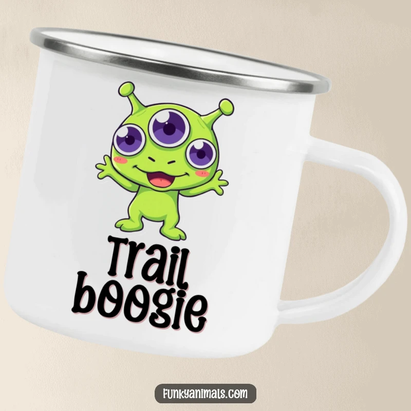 Funny green alien camping mug, three-eyed creature boogying enthusiastically, durable and humorous for outdoor use.