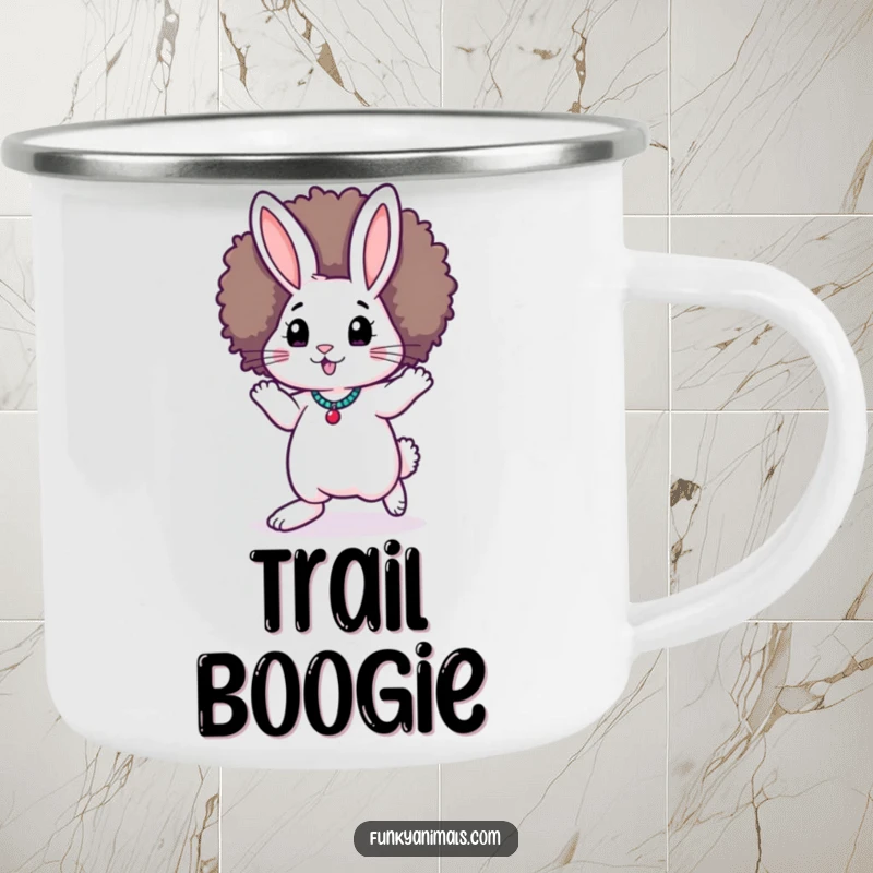 Funny Funky Rabbit Camping Mug: A rabbit with an afro wig is moonwalking, ready to add a funky vibe to outdoor brews.