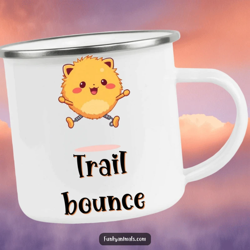 Funny fuzzy orange creature camping mug, creature with spring legs bouncing energetically, durable and humorous.