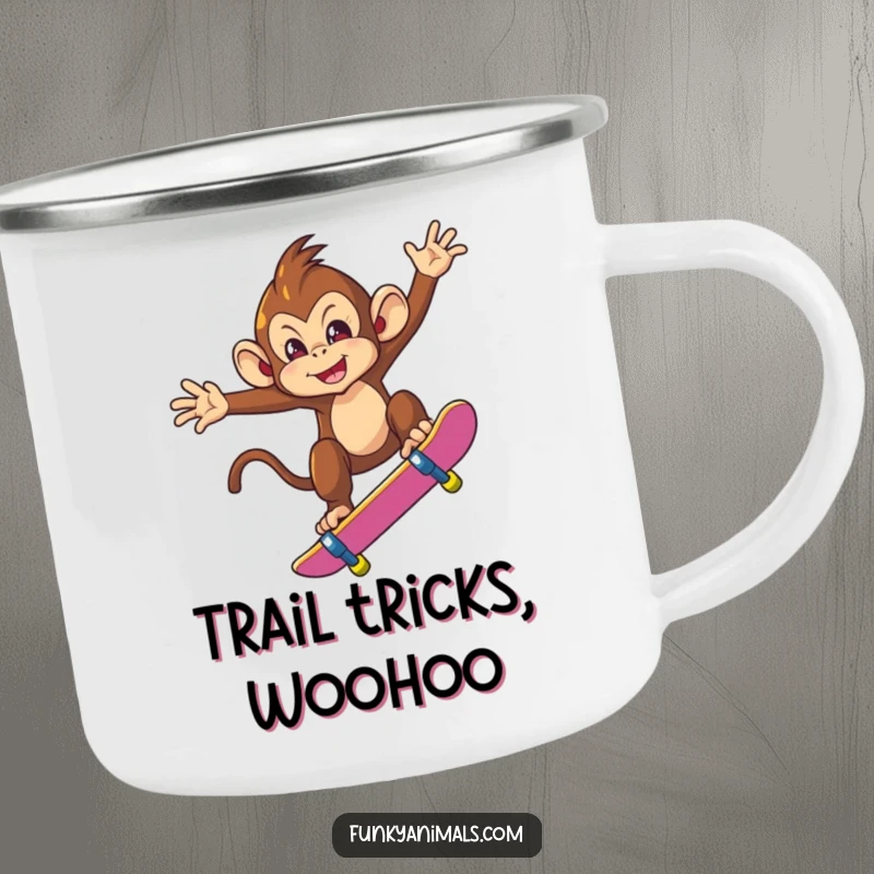 Funny camping mug showcasing a mischievous monkey doing a skateboard trick mid-air, perfect for outdoor use with a humorous and durable design.