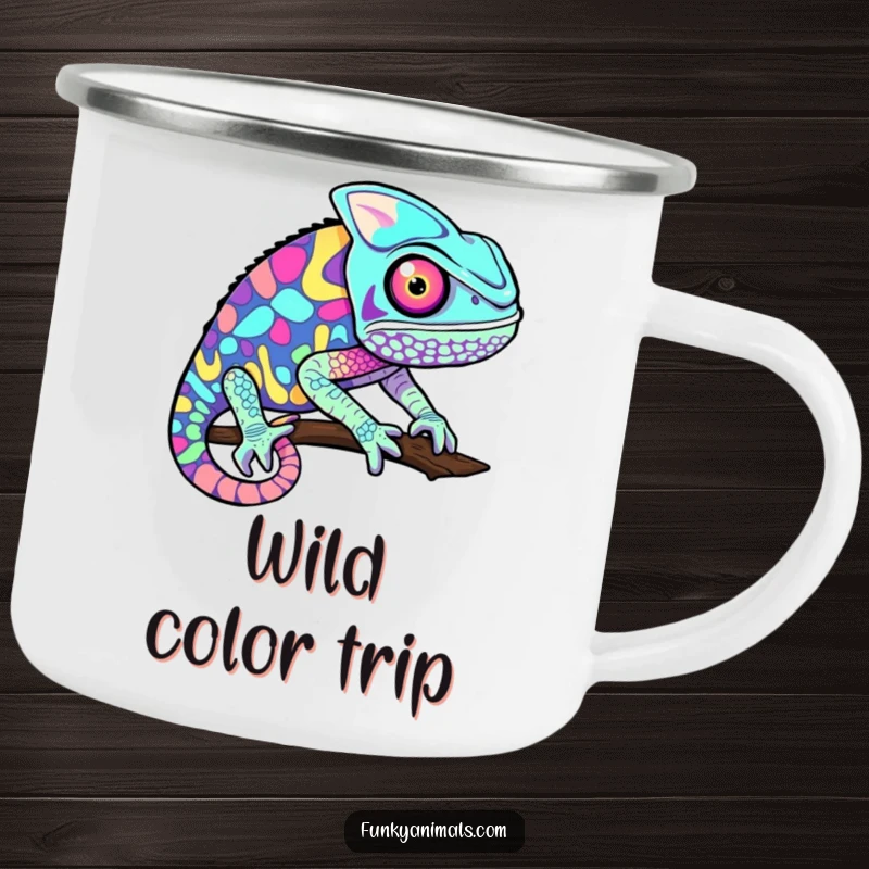Funny chameleon camping mug featuring a psychedelic pattern of rapidly changing colors, perfect for enjoying drinks in nature.