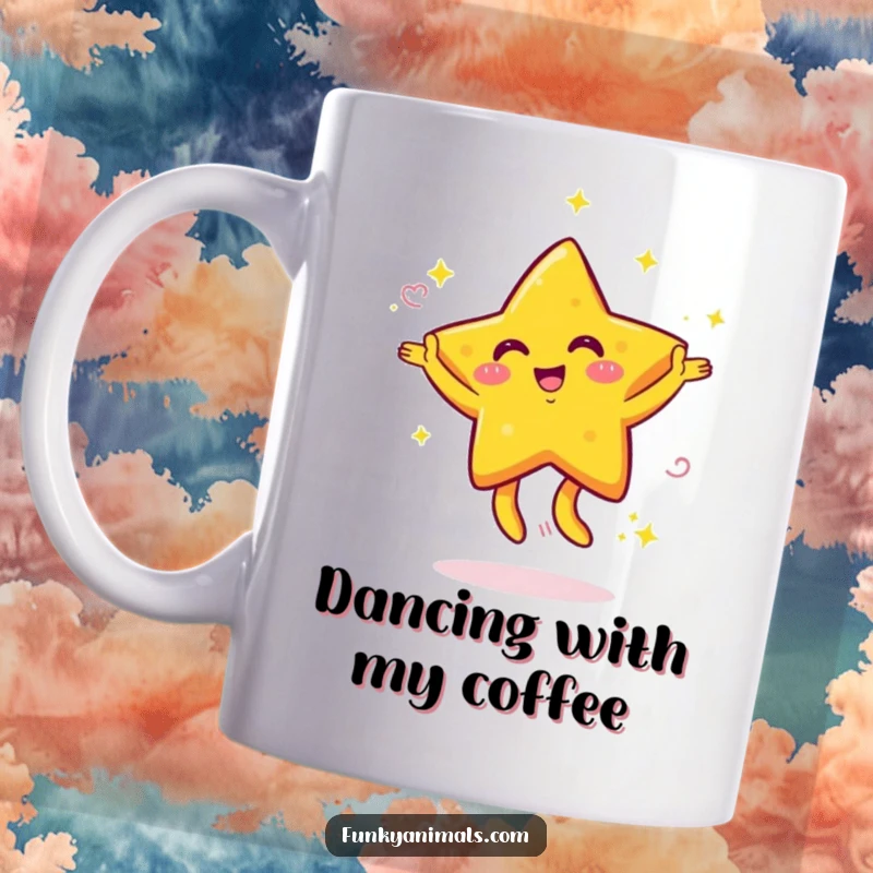 Funny mug featuring a bright yellow star character with swirling arms dancing energetically, radiating joy and positive vibes.