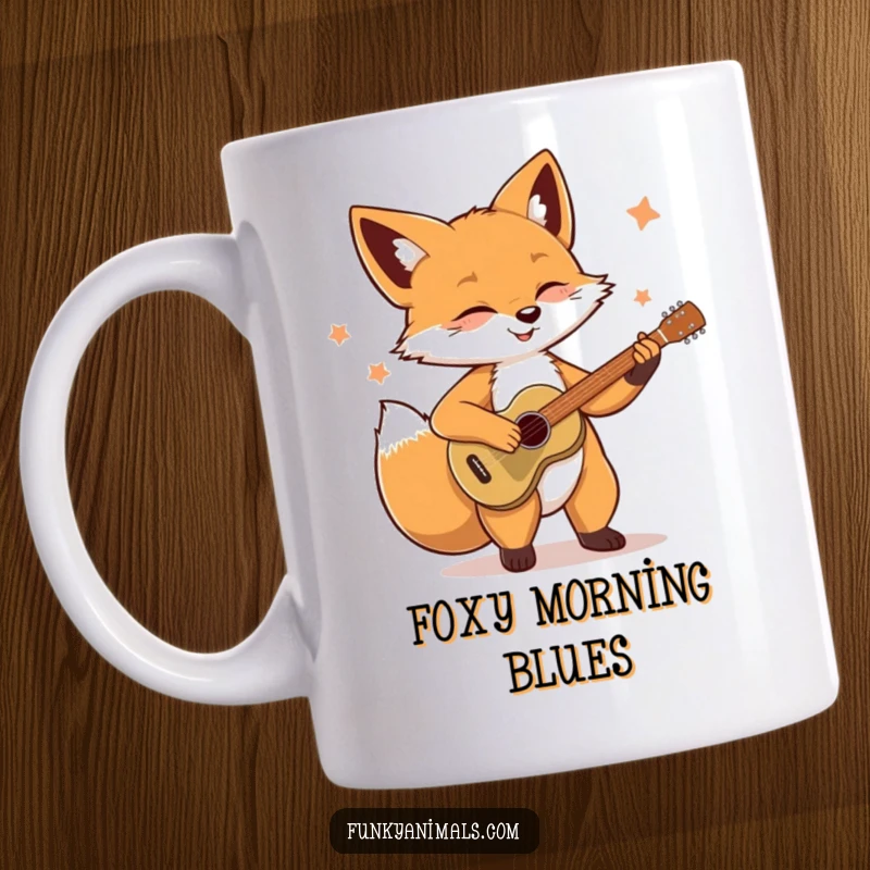 Funny Soulful Fox Mug: A cool fox with a guitar is lost in its music, strumming passionately with soulful eyes.