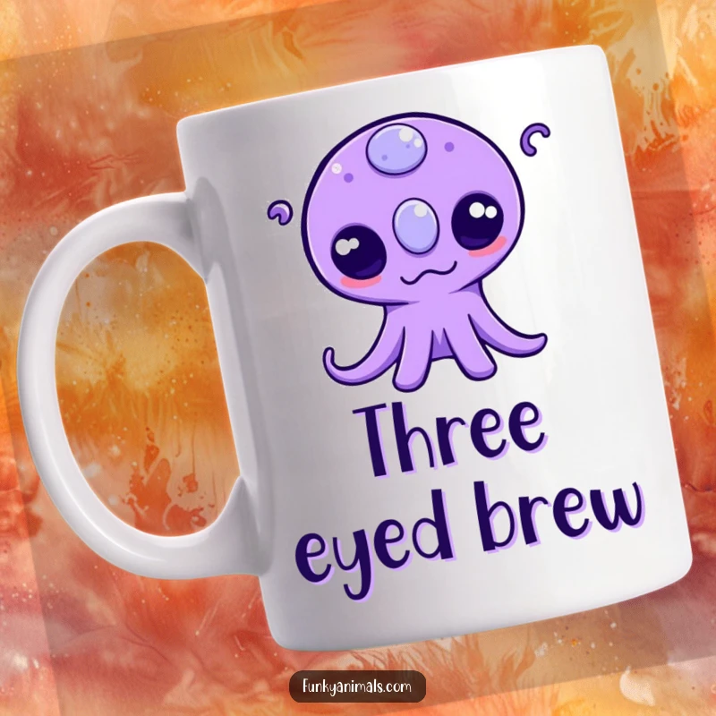 Funny mug featuring a quirky purple alien with three eyes enthusiastically wiggling its tentacles, looking mischievous and friendly.