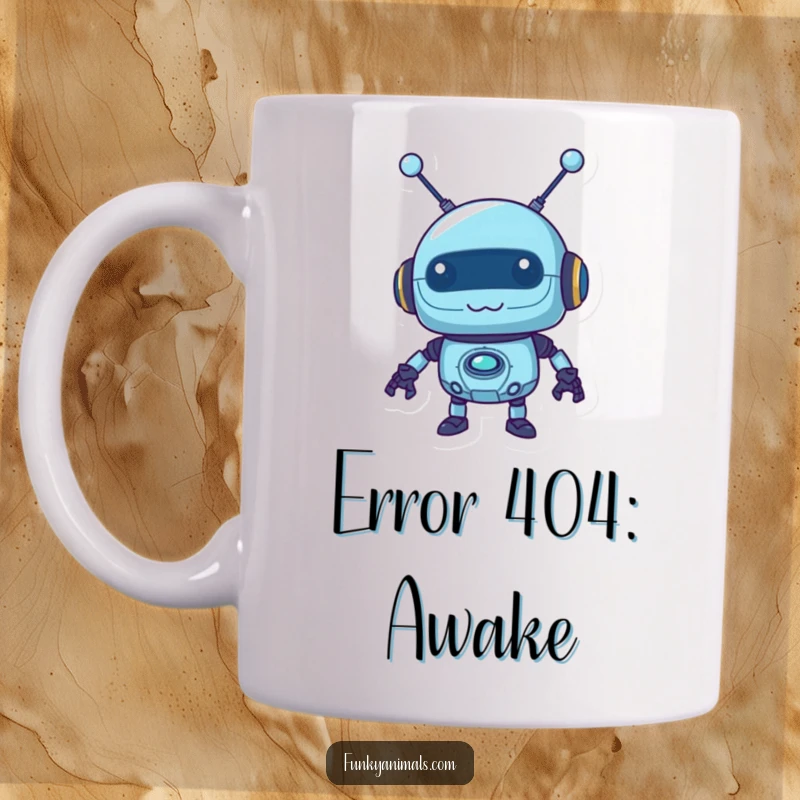 Funny blue robot mug with a mischievous expression and wobbly antennas, a humorous gift for tech lovers.