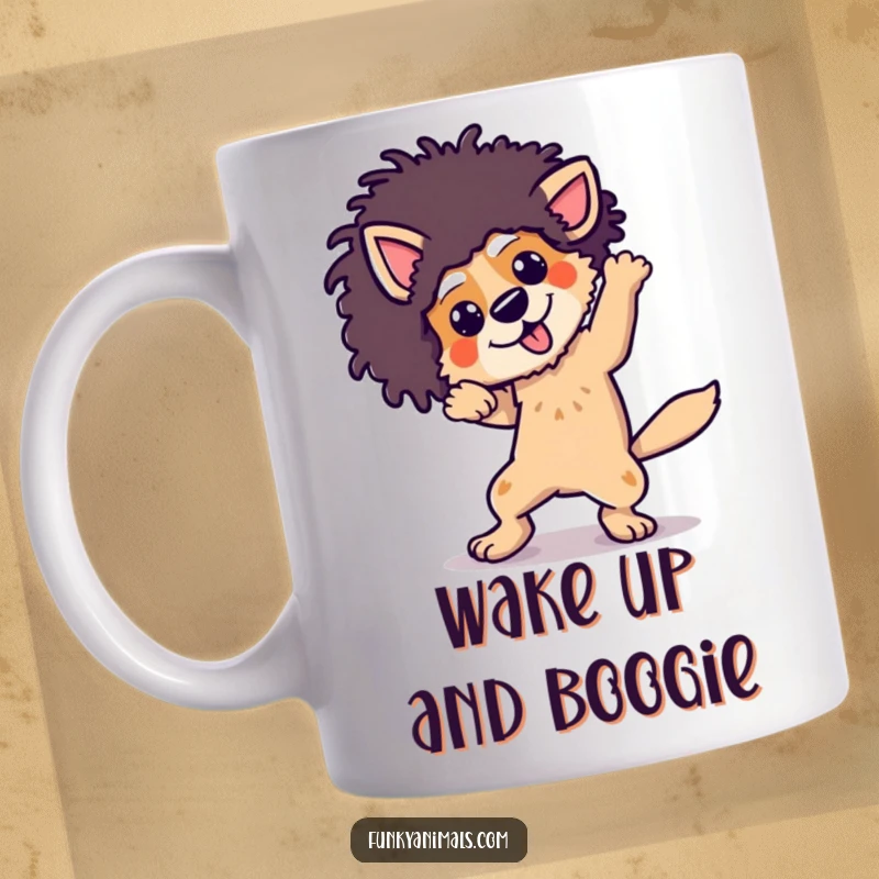 Funny funky dog wearing an afro wig, breakdancing with energetic moves, depicted on a mug.