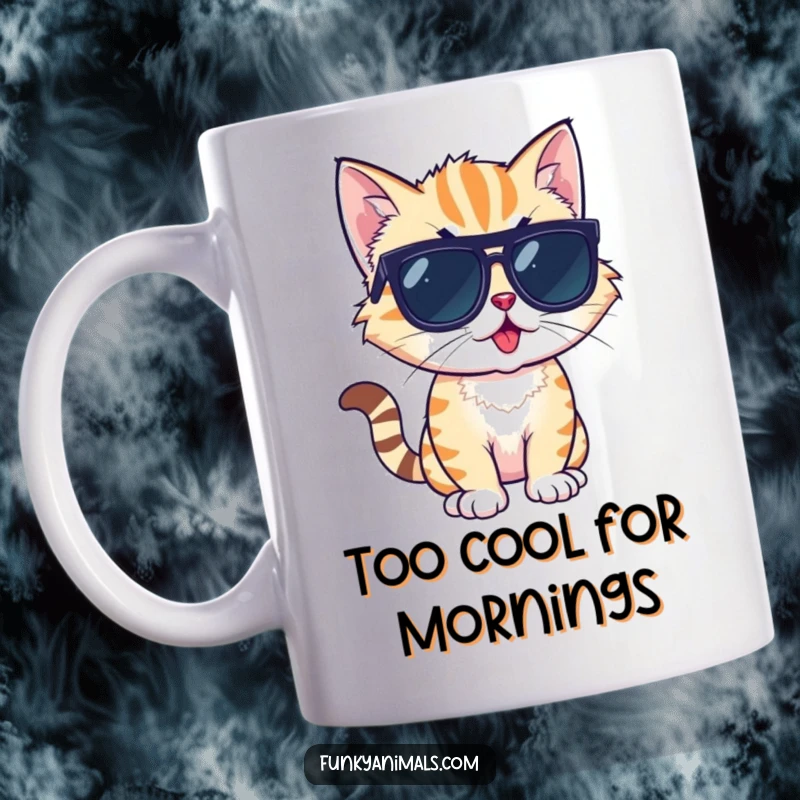 Funny mug featuring a cool cat cub wearing sunglasses and striking a confident, funky pose with attitude.
