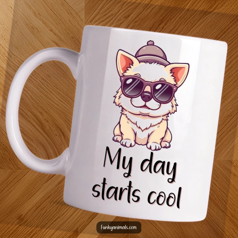 Funny dog mug with a quirky puppy sporting sunglasses and a tiny hat, exuding cool confidence and playful charm.