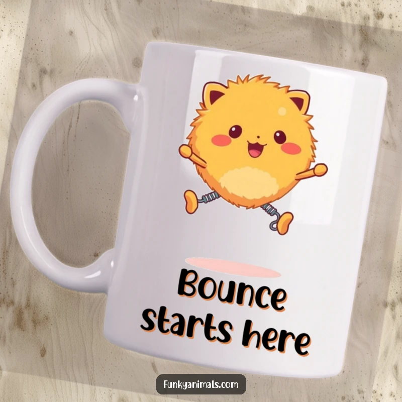 Funny fuzzy orange creature mug, creature with spring legs bouncing energetically, radiating pure fun and excitement.