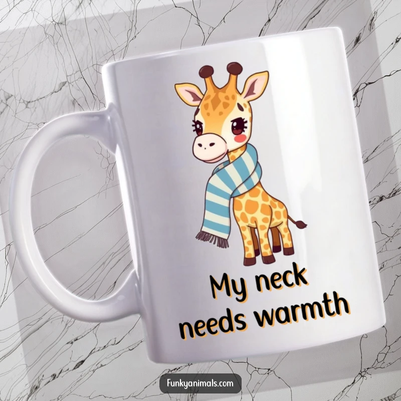 Funny giraffe mug featuring a giraffe with a ridiculously long, striped scarf, exuding quirky charm and gentle humor.