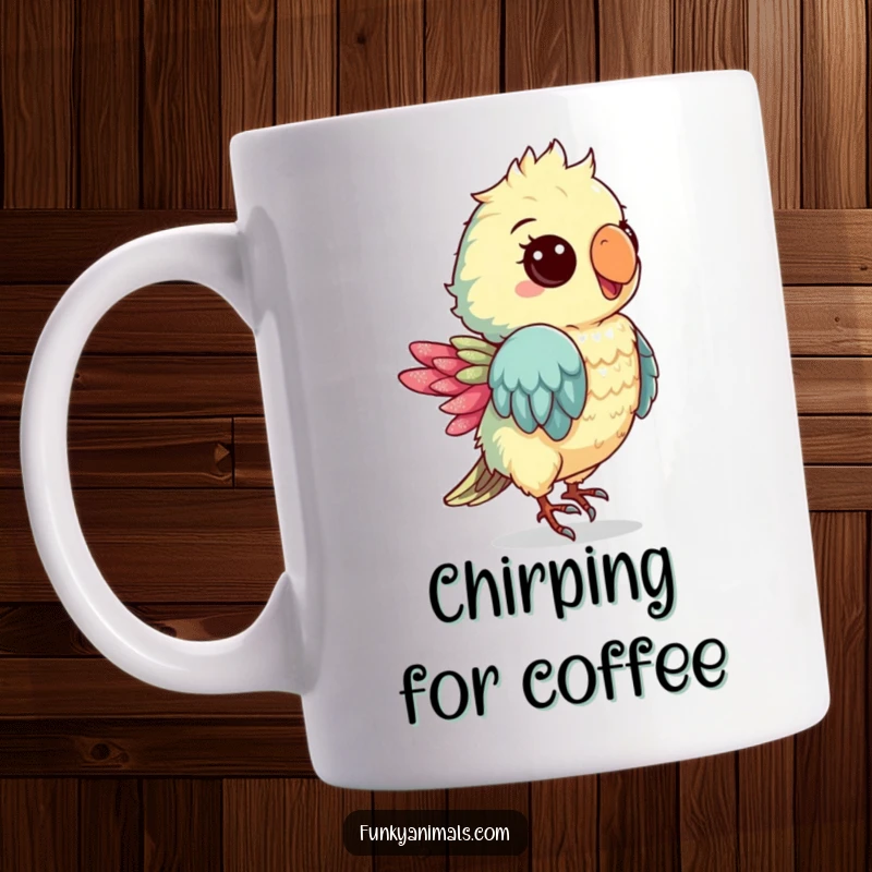 Funny mug featuring a groovy parrot cub with a shimmery feather, dancing with vibrant energy and tropical charm.