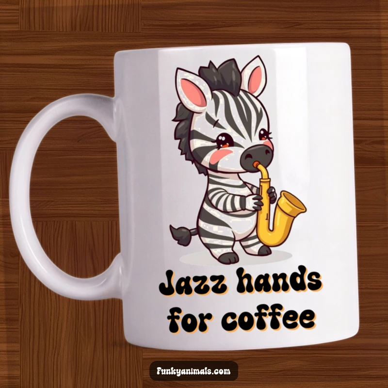 Funny mug featuring a jazzy zebra cub confidently playing a saxophone with impressive musical flair.