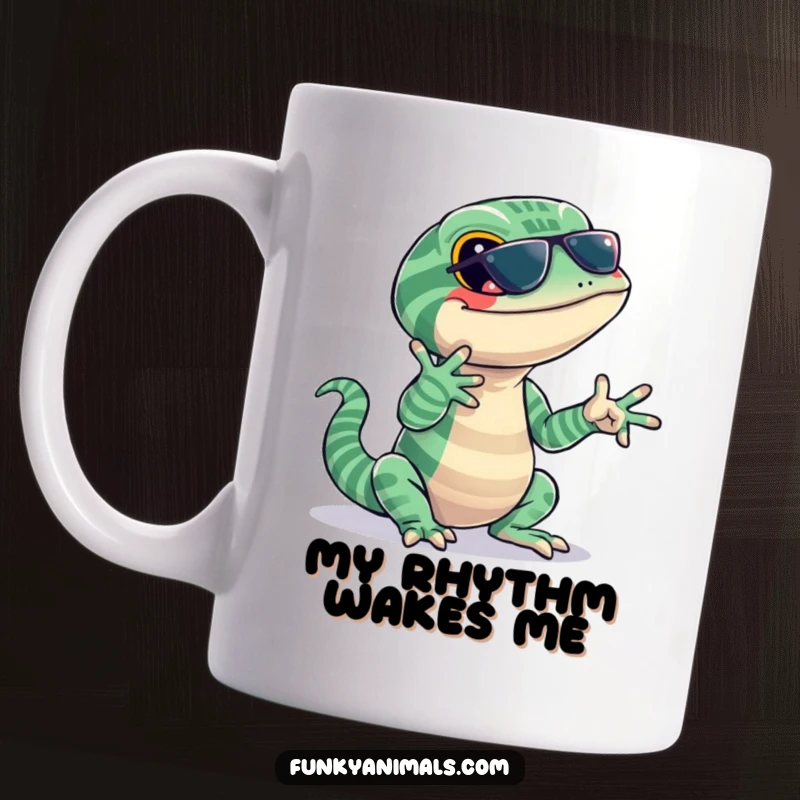 Funny lizard mug featuring a jazzy reptile with stripes, snapping its fingers to an unheard beat with cool, rhythmic energy.