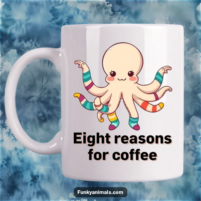 Funny octopus dancing joyfully, each tentacle wearing a different colorful sock, a humorous and artistic mug.