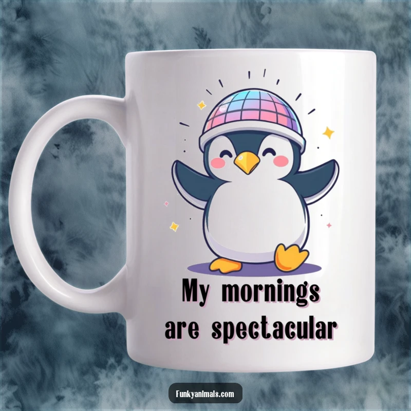 Funny penguin wearing a shiny disco ball helmet, spinning wildly with joy, perfect for party enthusiasts.