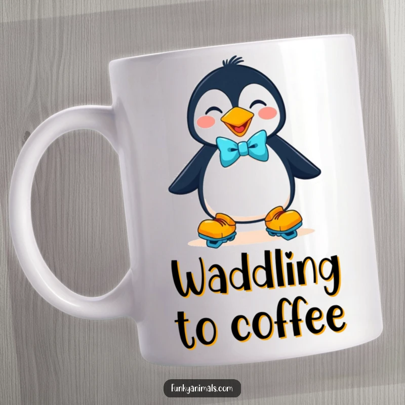 Funny goofy penguin wearing roller skates and a bright bow tie on this mug, a humorous and charming gift.