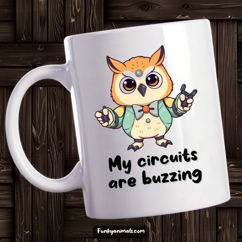 Funny Robot Owl Cub Mug: A stylish owl cub wearing a bowtie, dancing the robot with mechanical precision and a hint of sass.